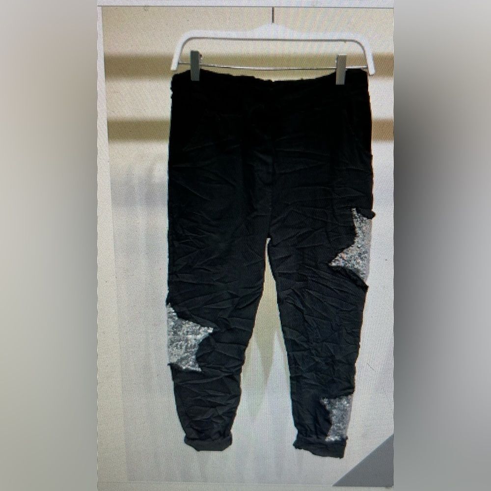 Venti6 Black Sewuin Star Patch Crinkle Joggers NWT Size S Made in Italy